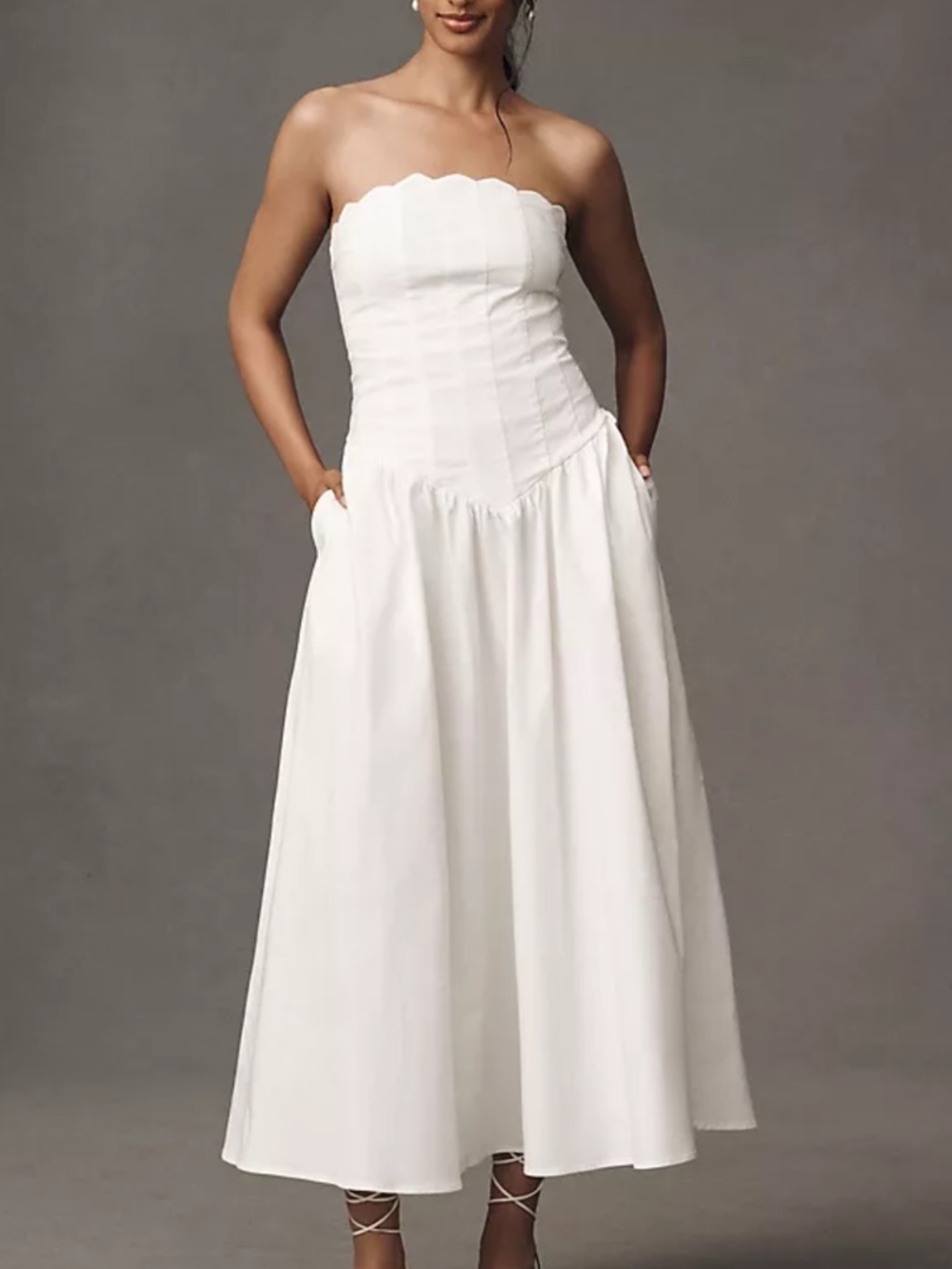 NEW BHLDN Strapless Magic Fabric Basque-Waist Midi Off-White Dress Size Small